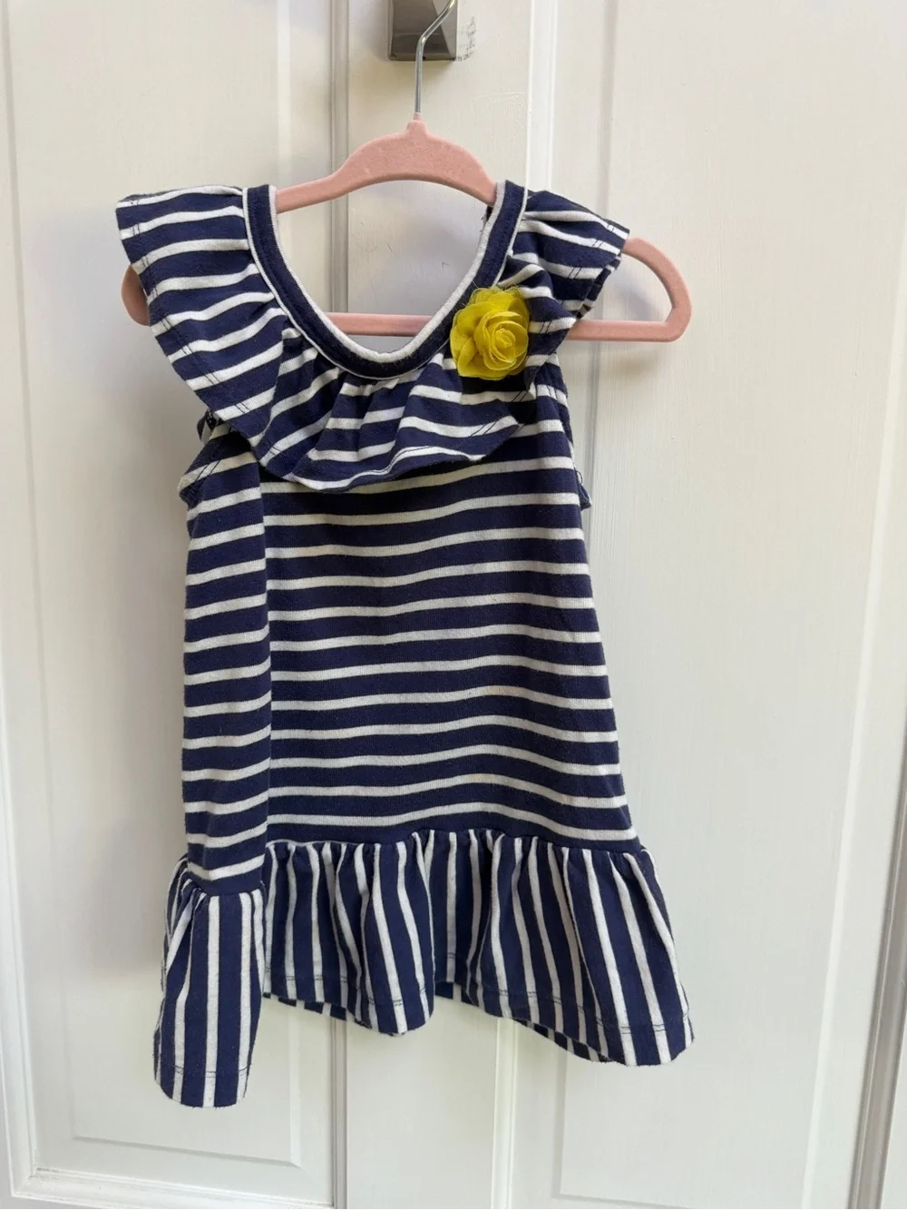 Gymboree Girls 4 Navy White Striped Ruffle Short Sleeve Top Blouse Yellow Flower